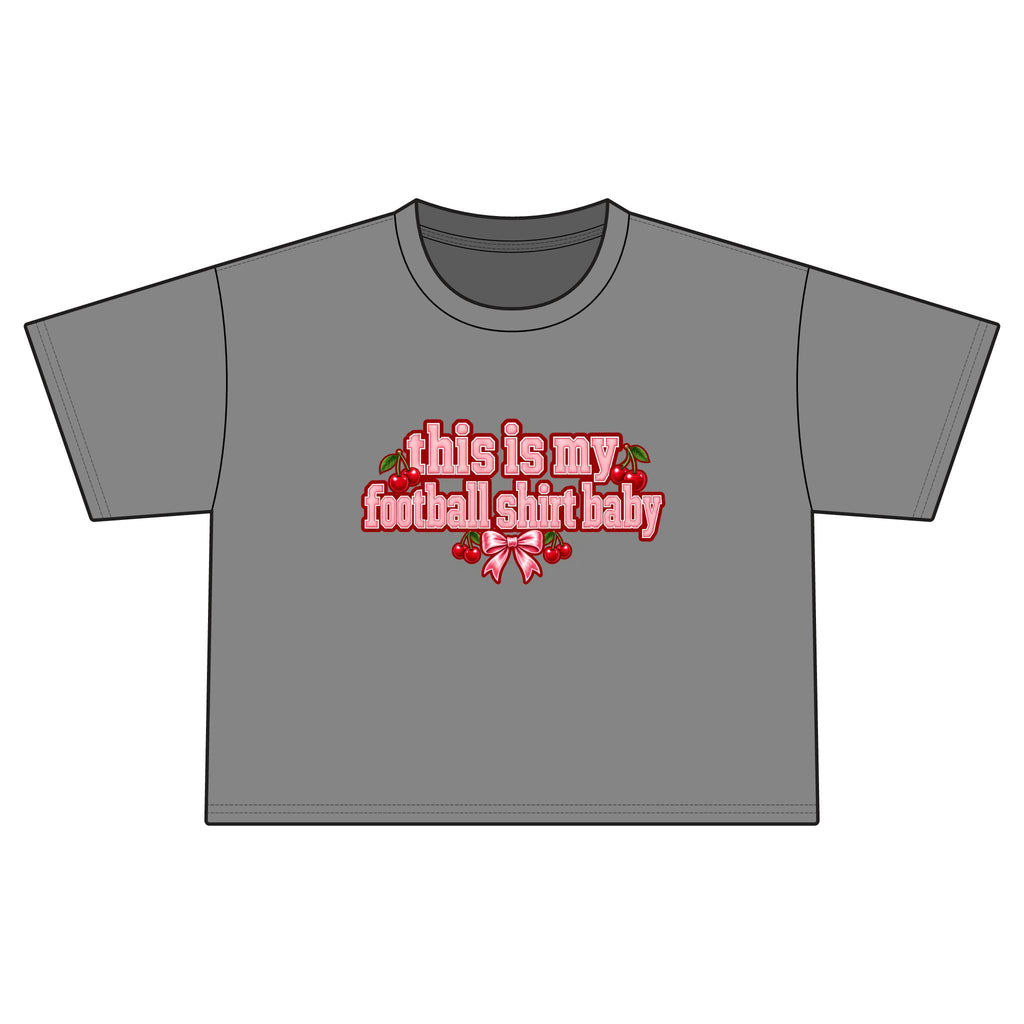 Cropped Football Shirt Baby Tee — "This Is My Football Shirt Baby" Cherry Varsity Design