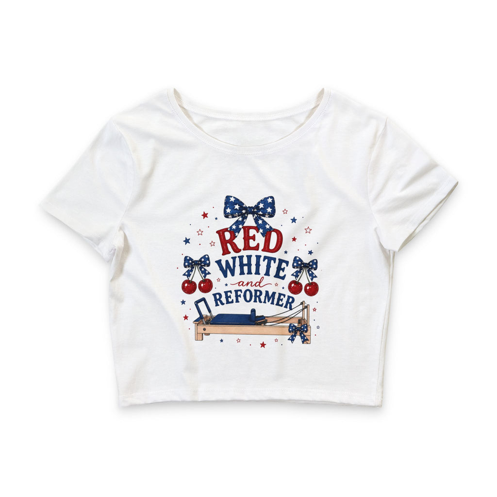 Red, White & Reformer Crop Tee — Patriotic Pilates/Barre Shirt