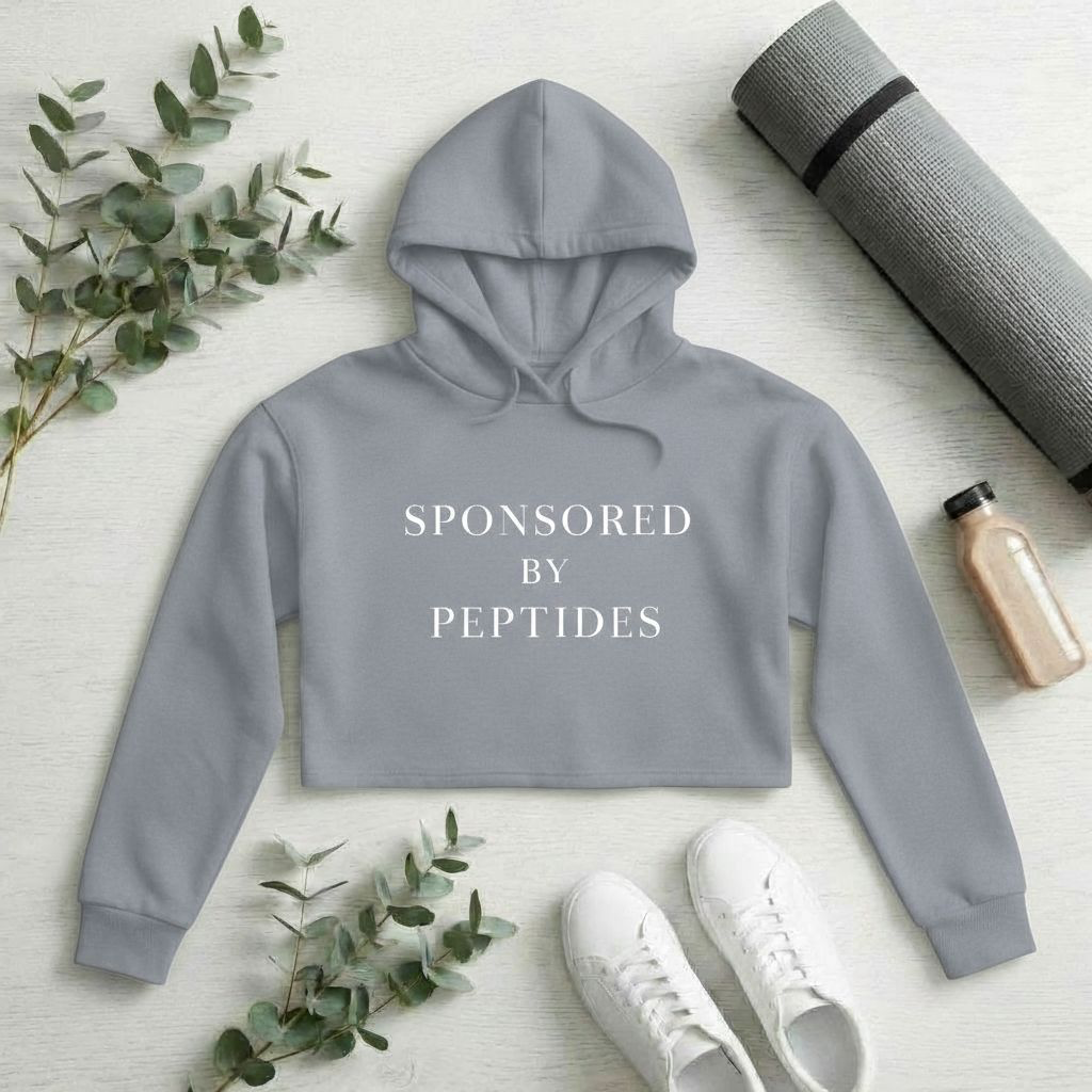 Sponsored by Peptides Cropped Hoodie — White Feminine Fitness Sweatshirt