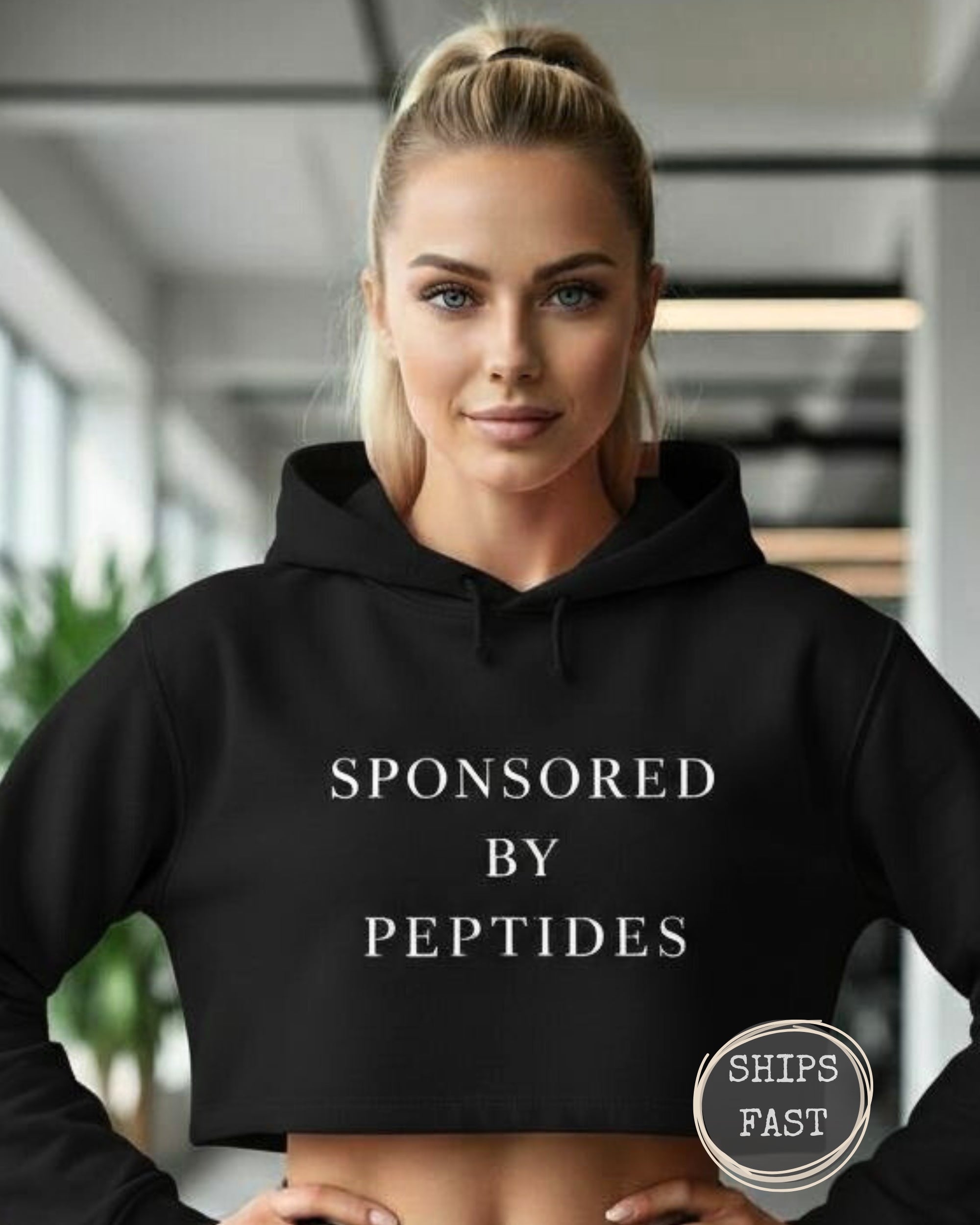 Sponsored by Peptides Cropped Hoodie — White Feminine Fitness Sweatshirt