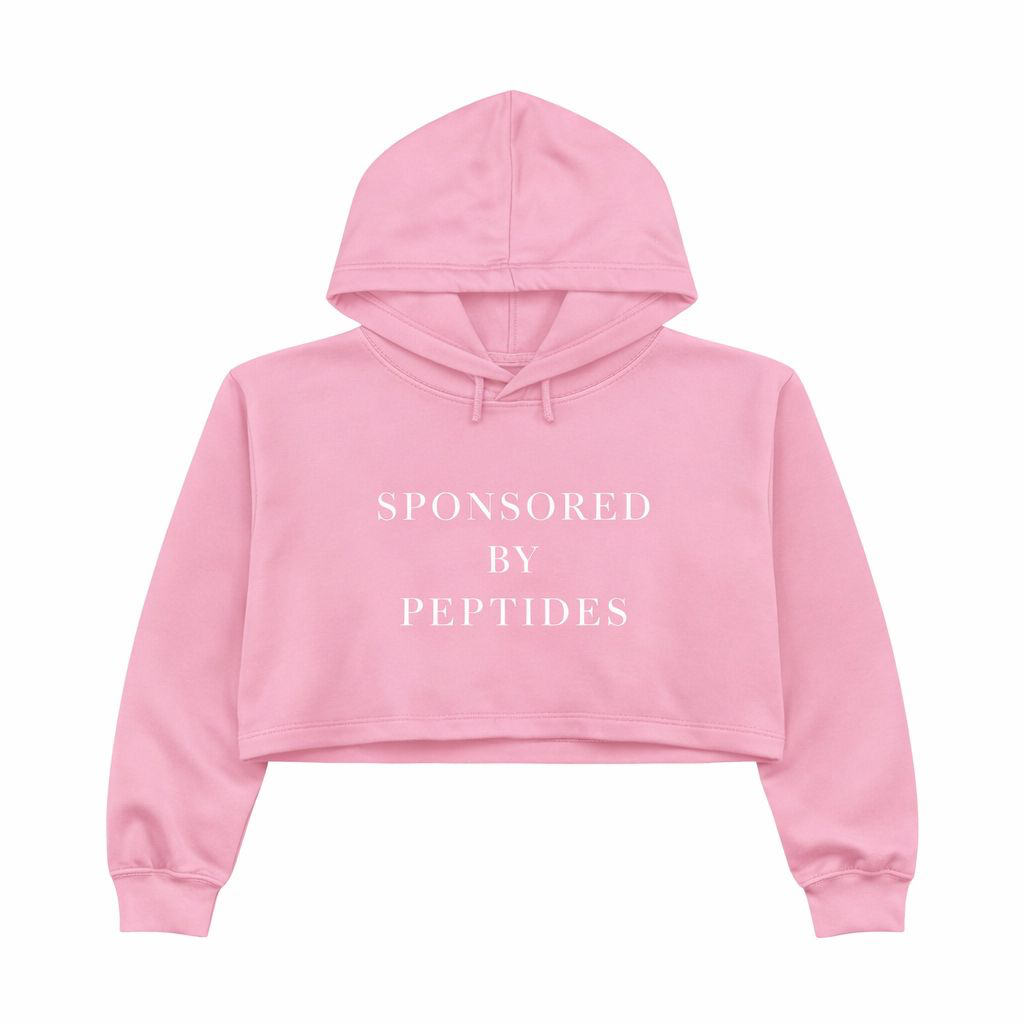Sponsored by Peptides Cropped Hoodie — White Feminine Fitness Sweatshirt