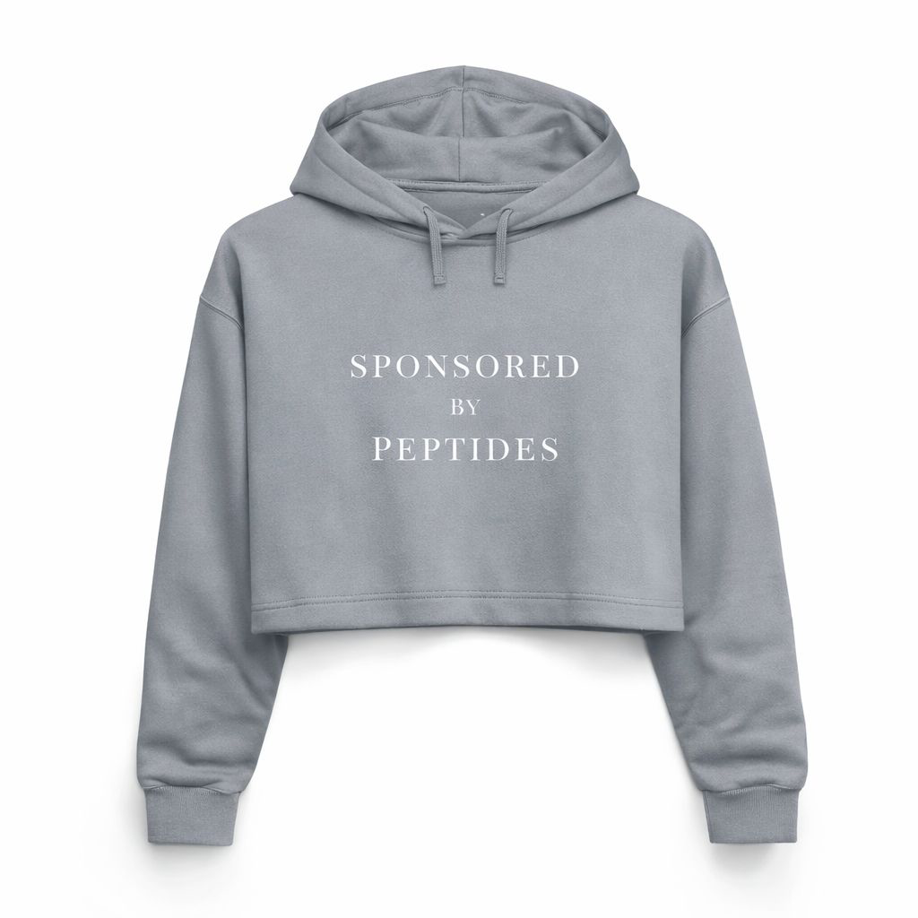 Sponsored by Peptides Cropped Hoodie — White Feminine Fitness Sweatshirt
