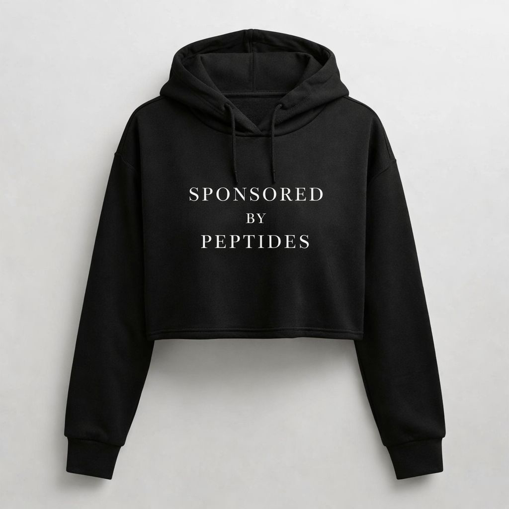 Sponsored by Peptides Cropped Hoodie — White Feminine Fitness Sweatshirt