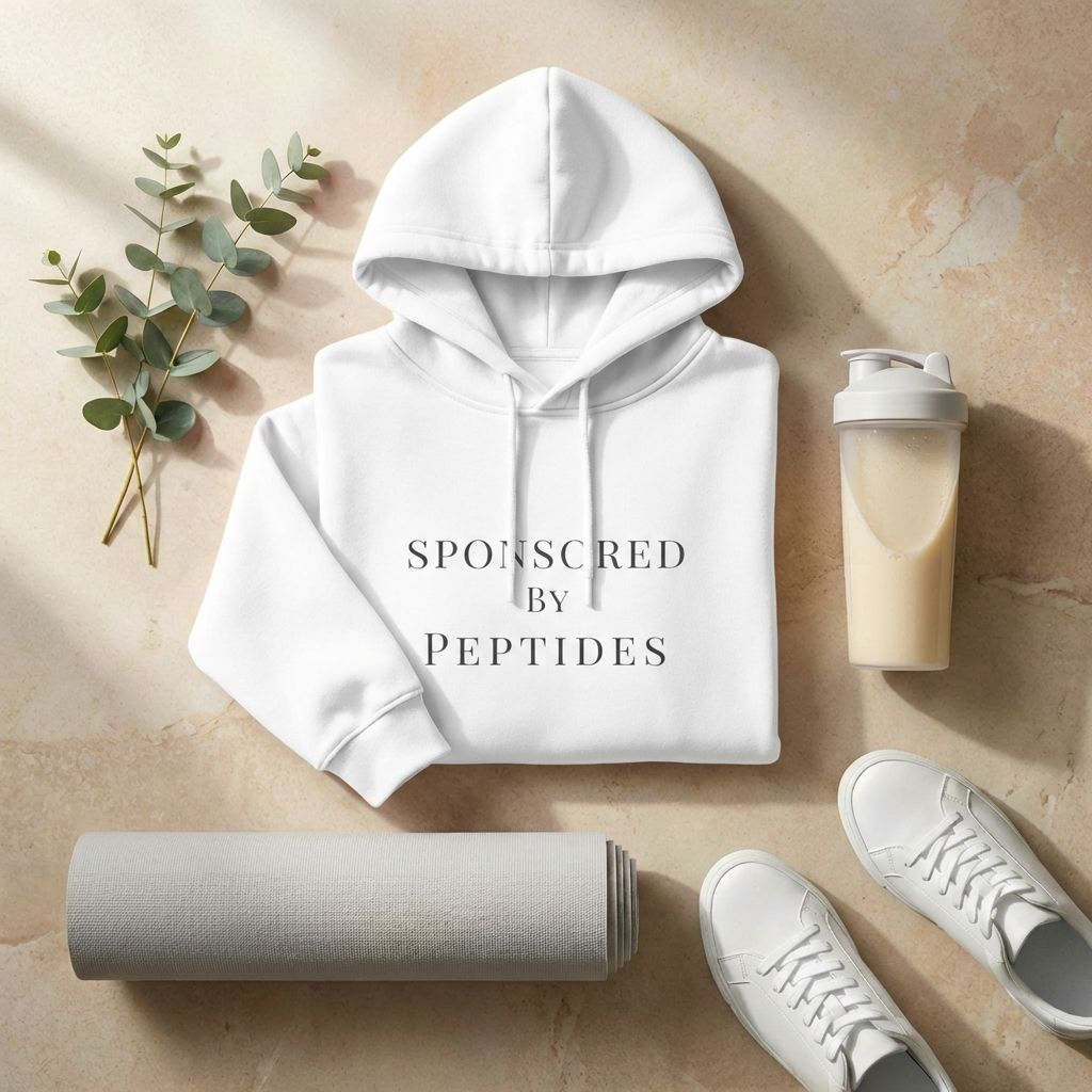 Sponsored by Peptides Cropped Hoodie — White Feminine Fitness Sweatshirt