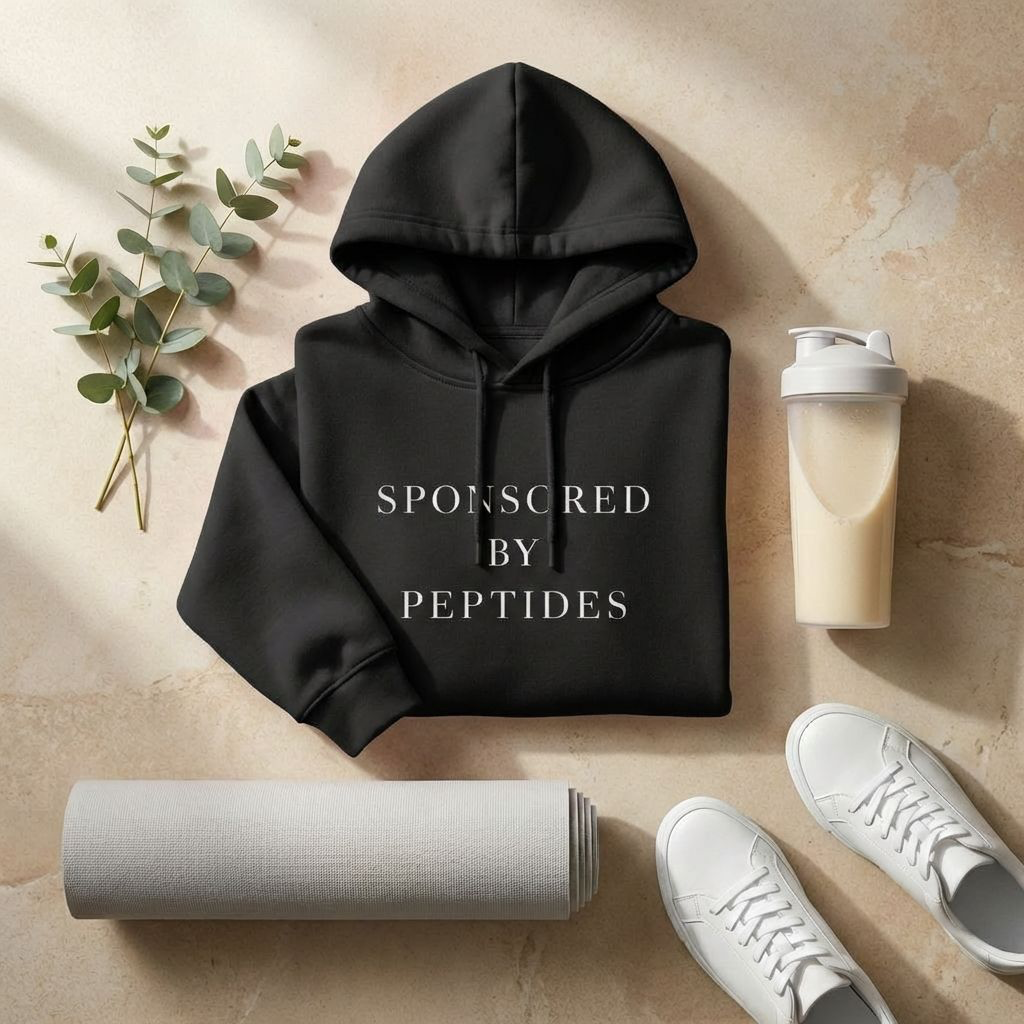 Sponsored by Peptides Cropped Hoodie — White Feminine Fitness Sweatshirt