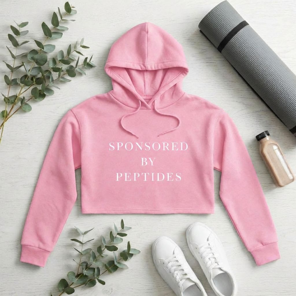 Sponsored by Peptides Cropped Hoodie — White Feminine Fitness Sweatshirt