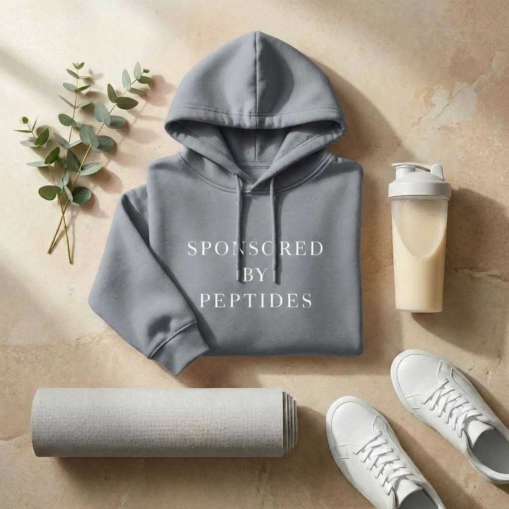 Sponsored by Peptides Cropped Hoodie — White Feminine Fitness Sweatshirt