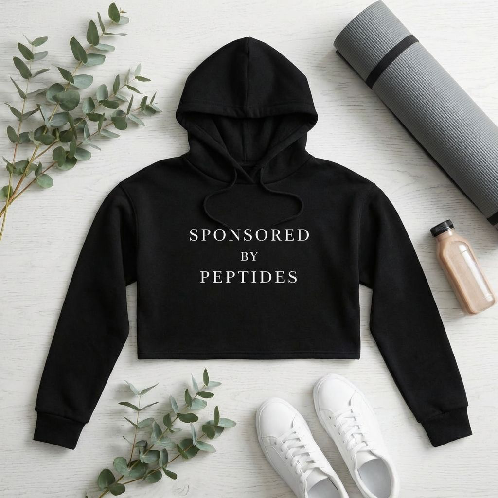 Sponsored by Peptides Cropped Hoodie — White Feminine Fitness Sweatshirt