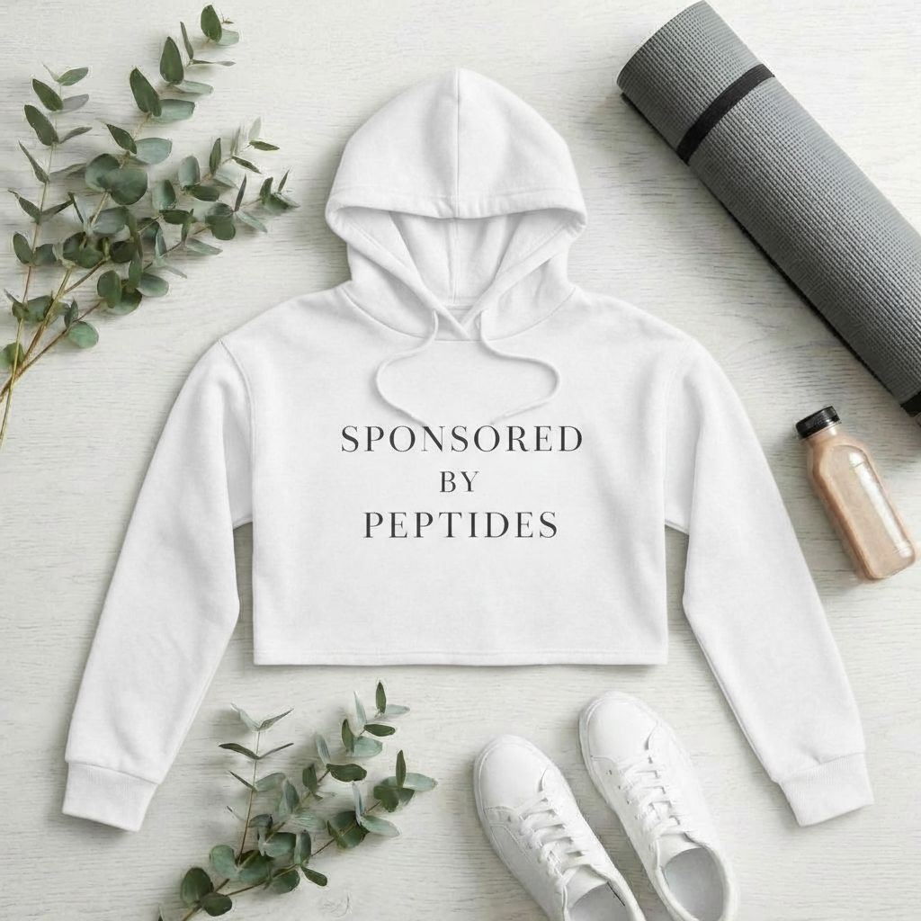 Sponsored by Peptides Cropped Hoodie — White Feminine Fitness Sweatshirt