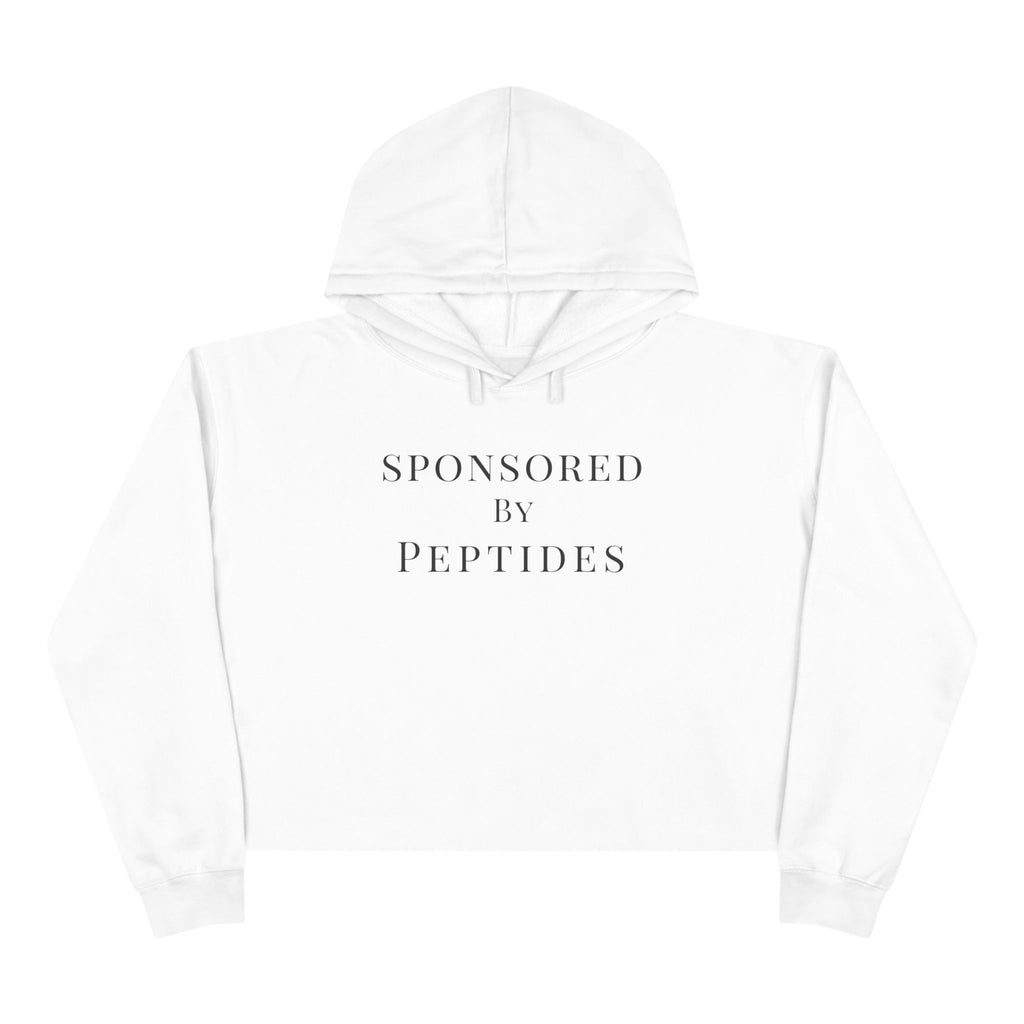 Sponsored by Peptides Cropped Hoodie — White Feminine Fitness Sweatshirt