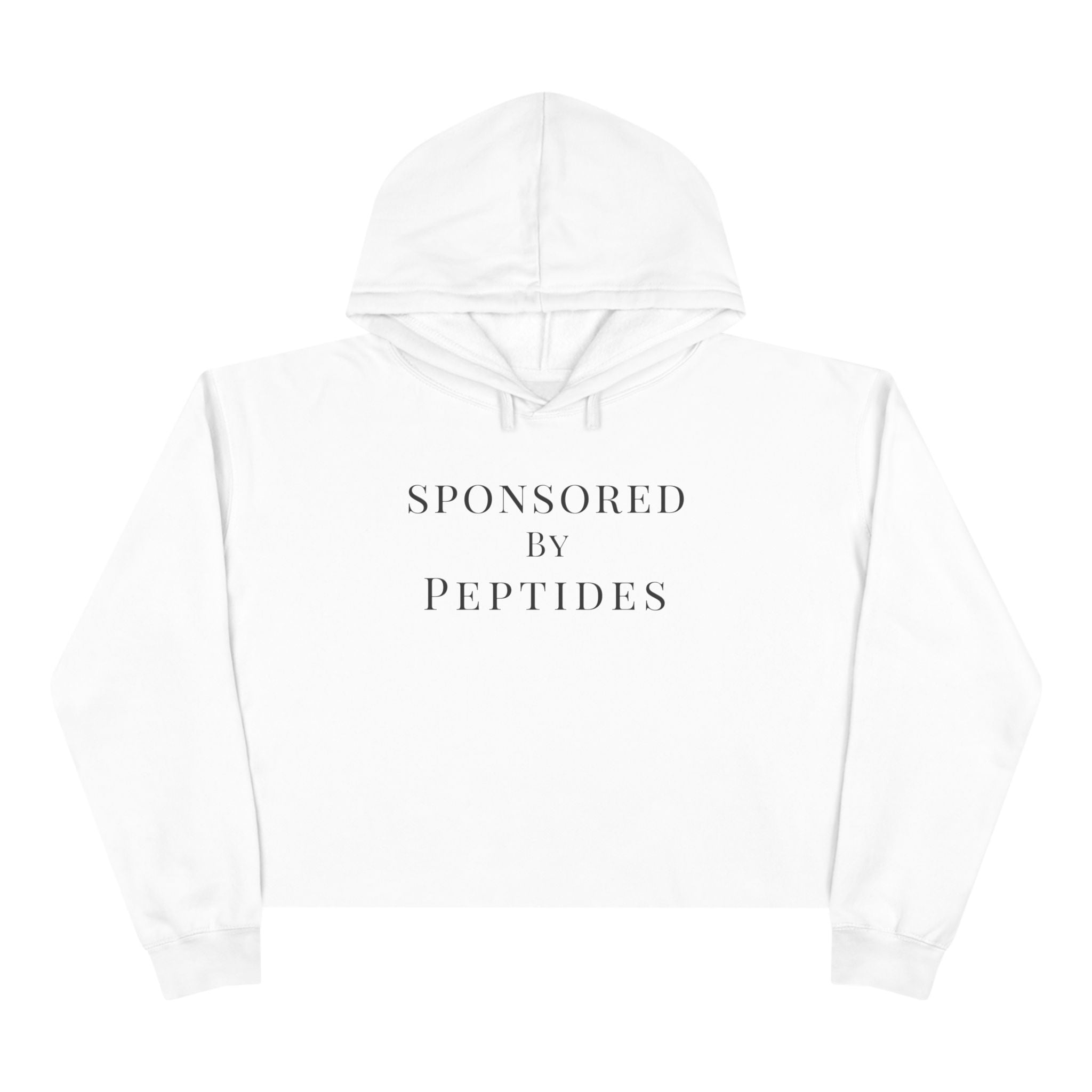 Sponsored by Peptides Cropped Hoodie — White Feminine Fitness Sweatshirt