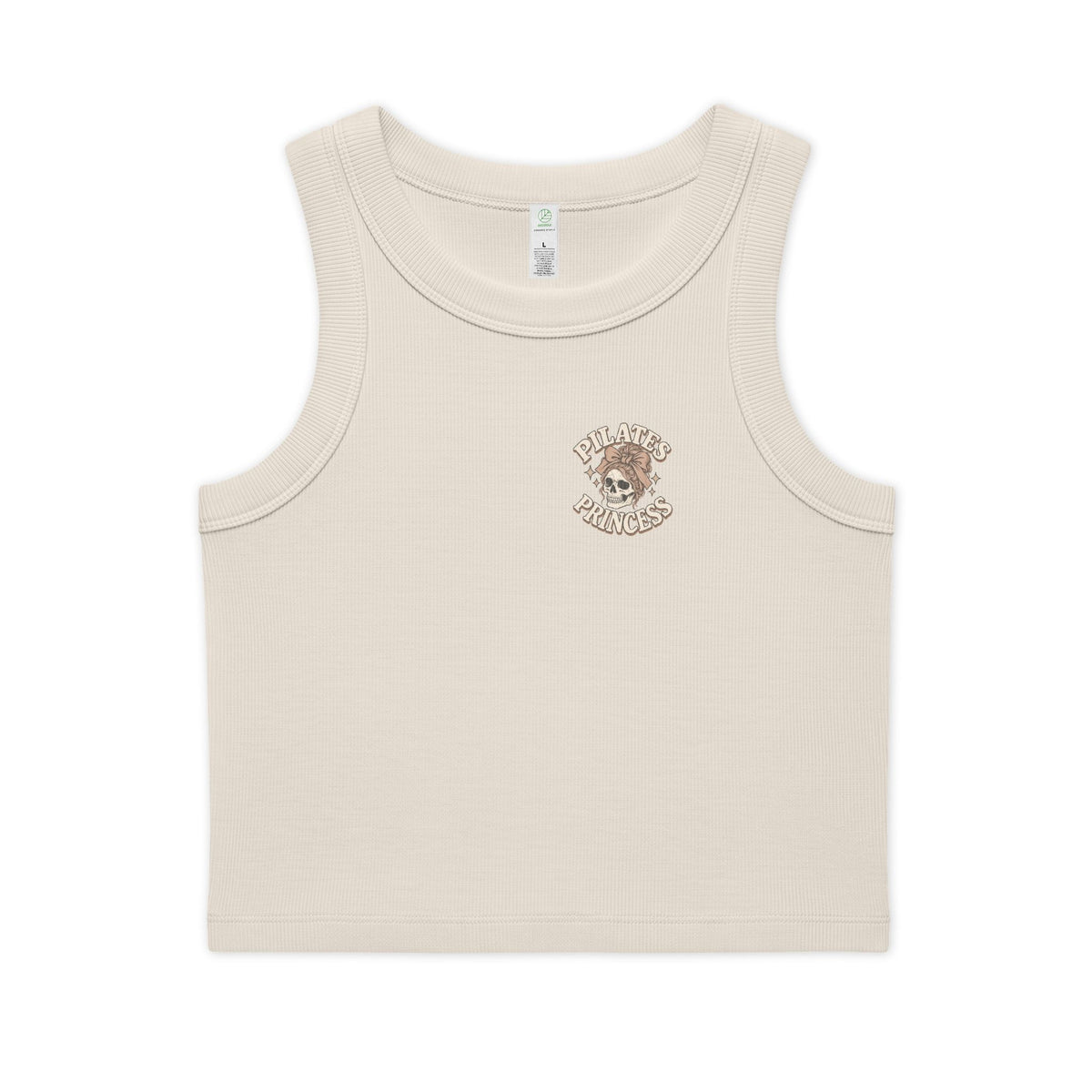 Organic Rib Crop Tank — "My Safe Word Is Feet in Straps" Pilates Skeleton Graphic
